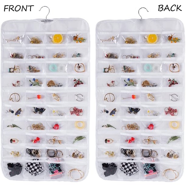 Organizador de joyas colgante, 80 bolsillos Organizador plegable transparente no tejido de doble cara, armario, pendientes para mujeres y niñas, collares, pulseras, accesorios para anillos(blanco) Rojo Verde