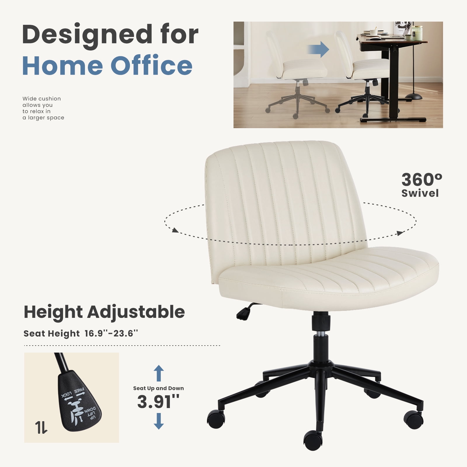 Gianna Armless Office Chair Adjustable Swivel Ergonomic Desk Chair with Wheels for Home Office