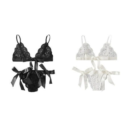 2-Pack Women Bra Underpant Scalloped Trim Tie Side Lace Set Lingerie Bow plus Size Lace Camisole And Robe Adult Lingerie Womens Lingerie for Women plus Size Christmas Aprons for Women