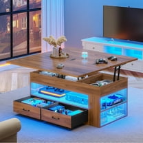 Itaar Lift Top Coffee Table, 4 in 1 Coffee Tables with Storage and Hidden Compartment, Farmhouse Coffee Table with 2 Fabric Drawers & LED Light for Living Room, Brown