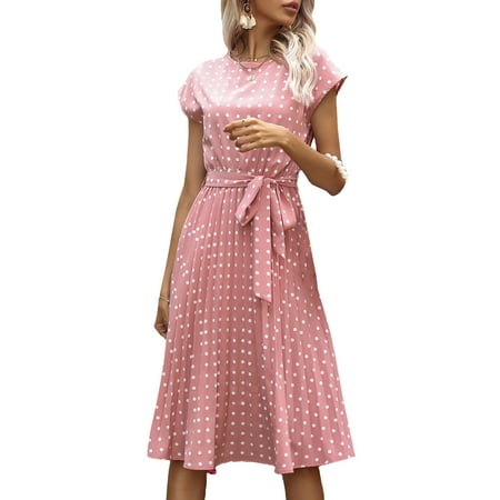 

Women s Short Sleeve Dots Dress Round Neck Adjustable Waist Belt Dress Lady Loose Casual One-Piece