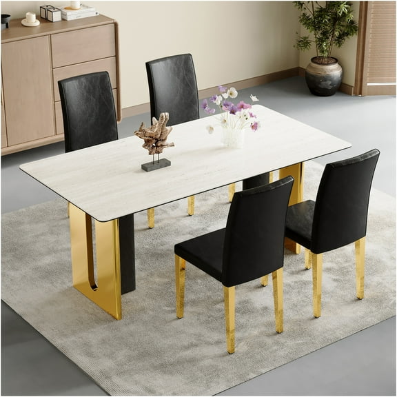 JERFIT 4 Pack Modern PU Leather Dining Chairs with Gold Metal Legs, Black Upholstered Side Chairs for Kitchen, Dining Room, Cafe