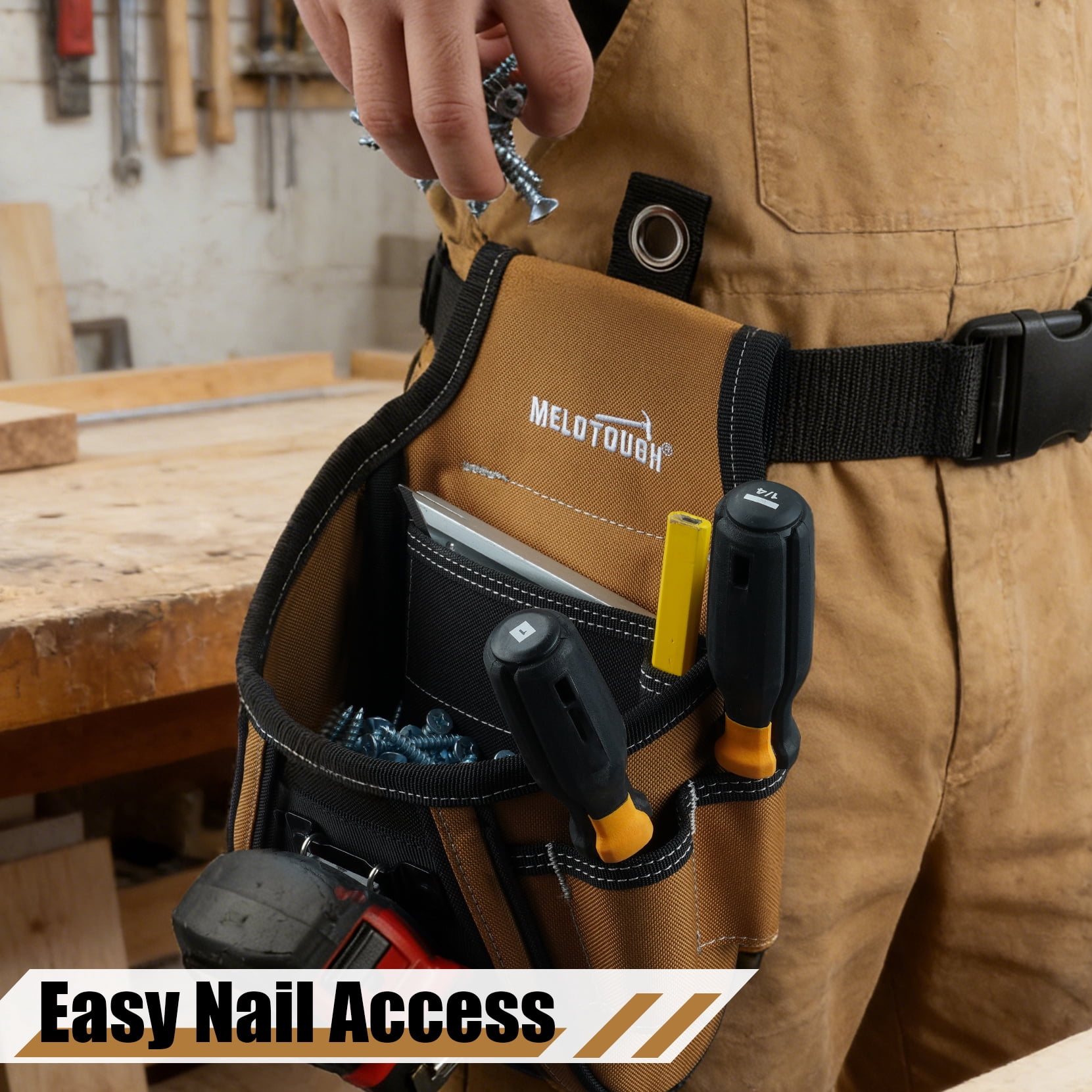 MELOTOUGH Nail and Screw Organizer Bag for Electricians and Carpenters, Tool Belt Pouch with Belt Clip, Heavy Duty Work Fastener Pouch