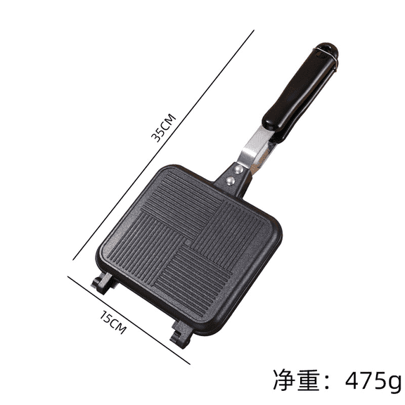 Aluminum Grill Sandwich Maker, Double Sided Nonstick Pan with Long Handle, Waffle Iron, Portable Frying Pan for Home Kitchen Breakfast Egg Omelets, Black