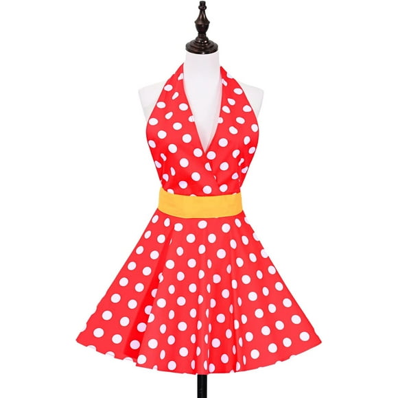 Qucyy Lovely Sweetheart Retro Aprons for Women Cute Vintage Apron Polka Dot Kitchen Apron for Cooking Red Sexy Chef Apron Dress V Neck Personalized Adjustable Waist Flirty Apron Christmas Gifts