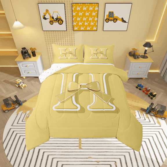 Erosebridal Yellow Bowknot Bedding Twin Comforter Set, Initial Letter H Down Comforter, Cartoon Monogrammed Reversible Comforters & Duvets, Breathable Bedroom Decorative, 2 Pieces