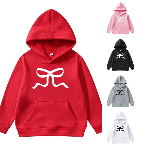 FINALGANG Kids Girls Long Sleeve Kangaroo Pocket Hooded Sweatshirt Bow Graphic Print Loose Fit Daily Casual Pullover Hoodie Classic Tops 6-8Years