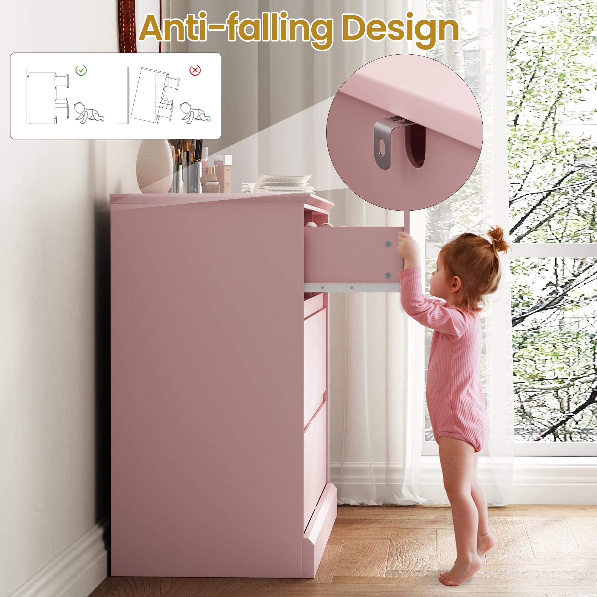 6 Drawer Dresser for Bedroom, White Dresser Double Chest of Drawers, Modern Wood Dressers with Deep Drawers for Living Room,Pink