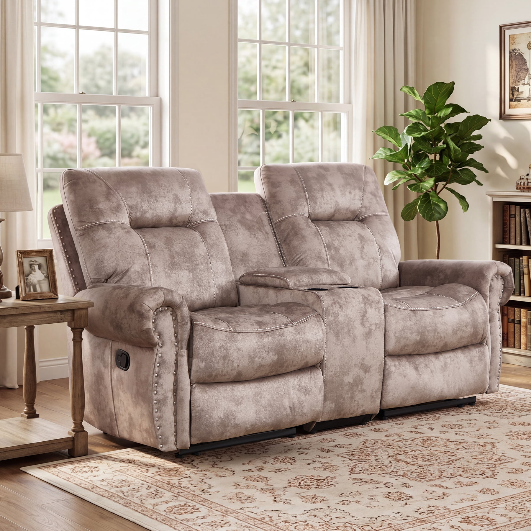 Ebello Manual Recliner Loveseat Sofa, 2-Seater Vintage Rivet Design Reclining Couch with Center Console, Hidden Storage & Cup Holders for Living Room, Light Brown