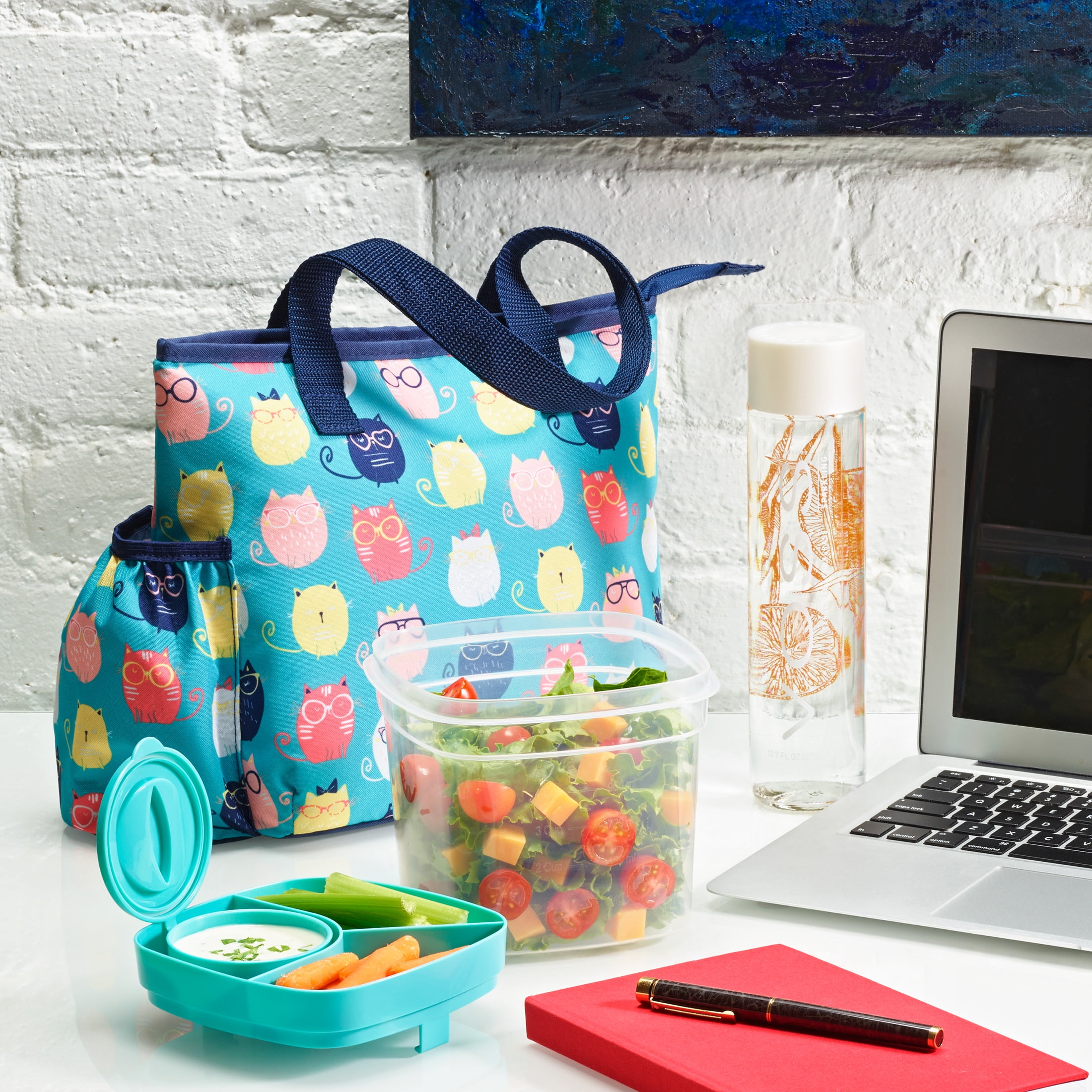 Fit + Fresh Lunch Bag for Women with Salad Container, Aqua with Multi-Color Cats