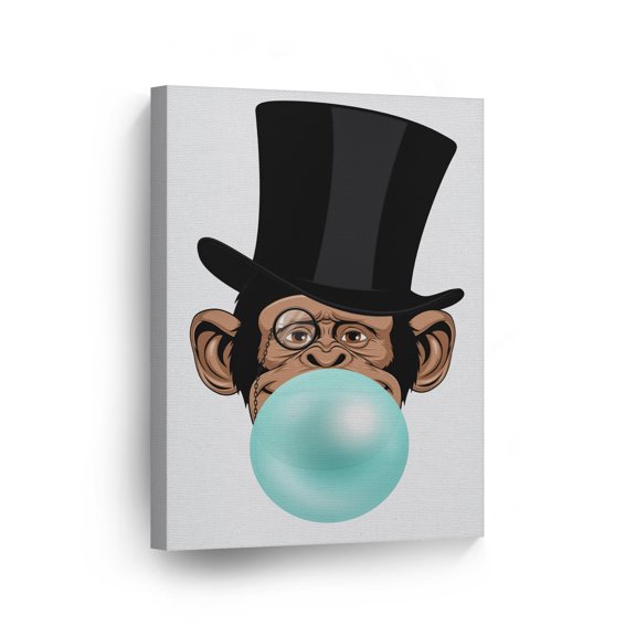 Smile Art Design Funny Senior Monkey Gorilla with Top Hat Animal Bubble Gum Art Blue Chewing Gum CANVAS PRINT Wall Art Home Decor Pop Art Kids and Living Room Made in USA 40x30