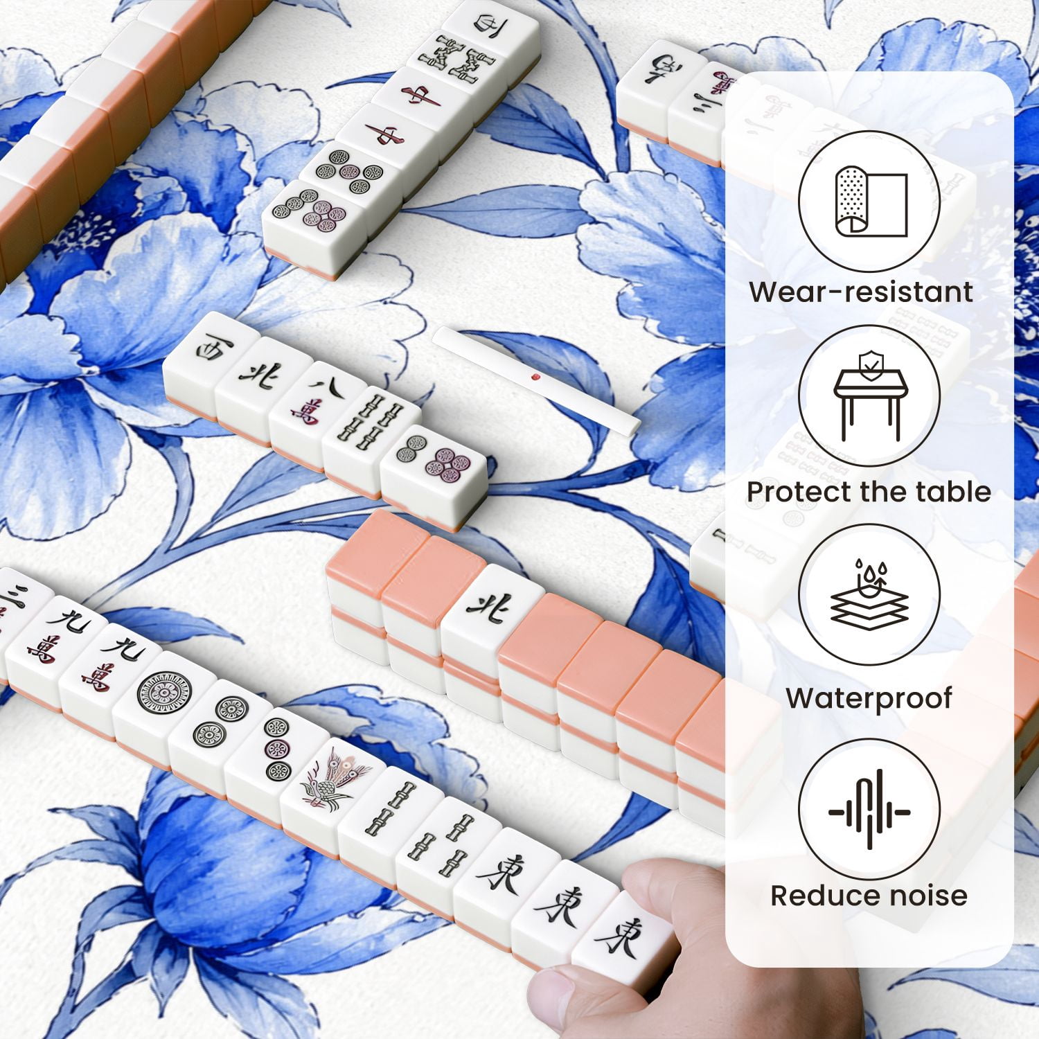 Mahjong Mat 31.5" x 31.5" Blue Floral Abstract Hibiscus Flowers Soft Leaves Non-Slip Noise Reduction Mahjong Tiles Table Cover for Dominoes Poker Card Board and Tile Games