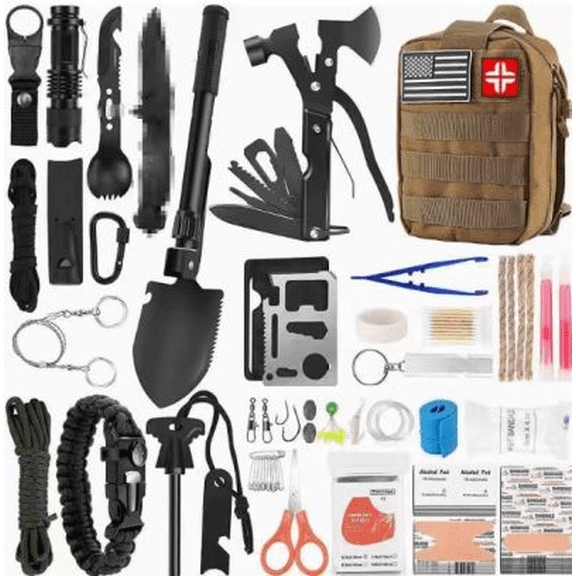 SereneLife Survival Toolkit All-Purpose Emergency First Aid Tactical Gear Set with Axe Fire Starter Folding Knife Flashlight