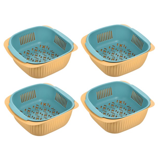 Frutas y Verduras Colador Colador Cesta 4uds, Plástico Doble Capa Frutas Verduras Lavado Cesta, Drenaje Tazones para Limuds Lavado-Azul Amarillo
