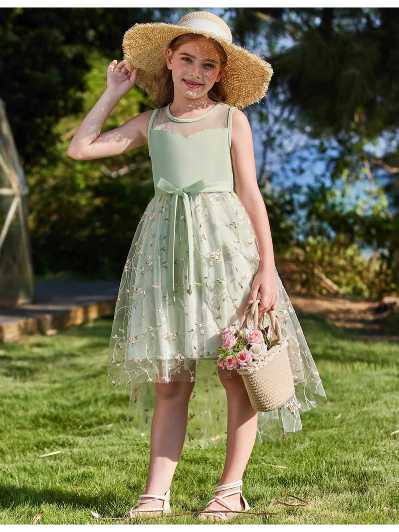 Arshiner Girls Chic Dresses Formal Sleeveless Contrast Mesh High Low Dress  with Belt Party Wedding