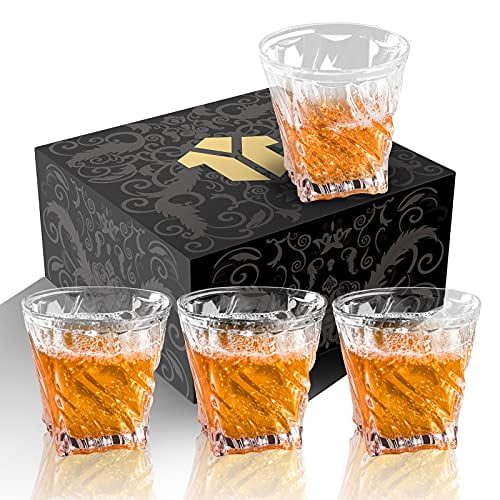 Liquor Cognac And Whisky Bourbon Short Glassware For Men and Women Twist Crystal Scotch Tasting Tumblers for Cocktail Set of 4 Rocks Style Whiskey Drinking Glasses 10 Ounces 