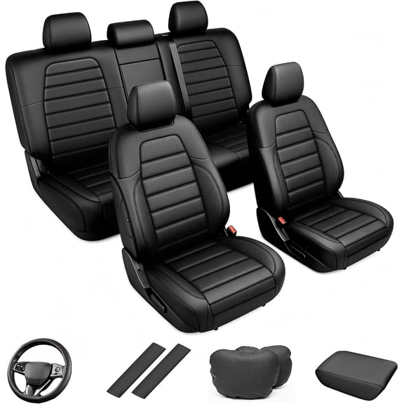 Custom Fit Seat Covers for Honda CR-V 2017-2022, Front & Rear 5-Piece Full Set, Black, Includes Neck Pillows, Armrest Cover, Steering Wheel Cover & Seat Belt Covers