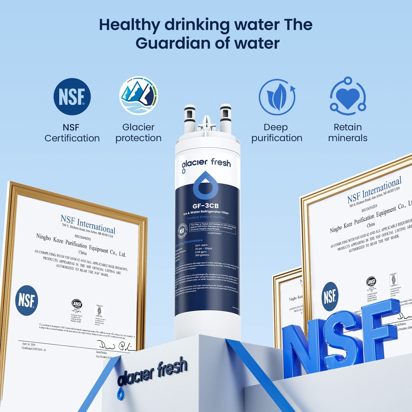 GLACIER FRESH WF3CB Refrigerator Water Filter Replacement for PureSource 3, 706465, WF425, PS3412266, AP4567491, 242017800 Refrigerator Water Filter, Pack of 4