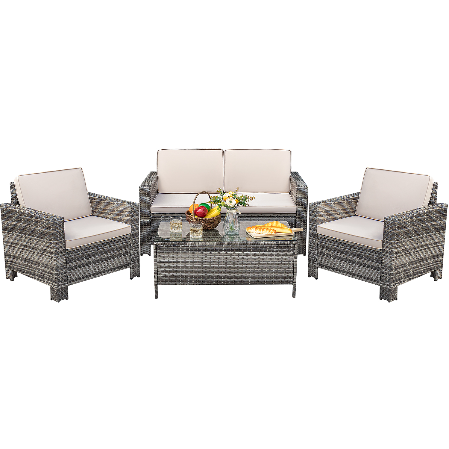 Lacoo 4 Pieces Outdoor Wicker Patio Conversation Set with Cushions, Gray/Beige - image 4 of 6