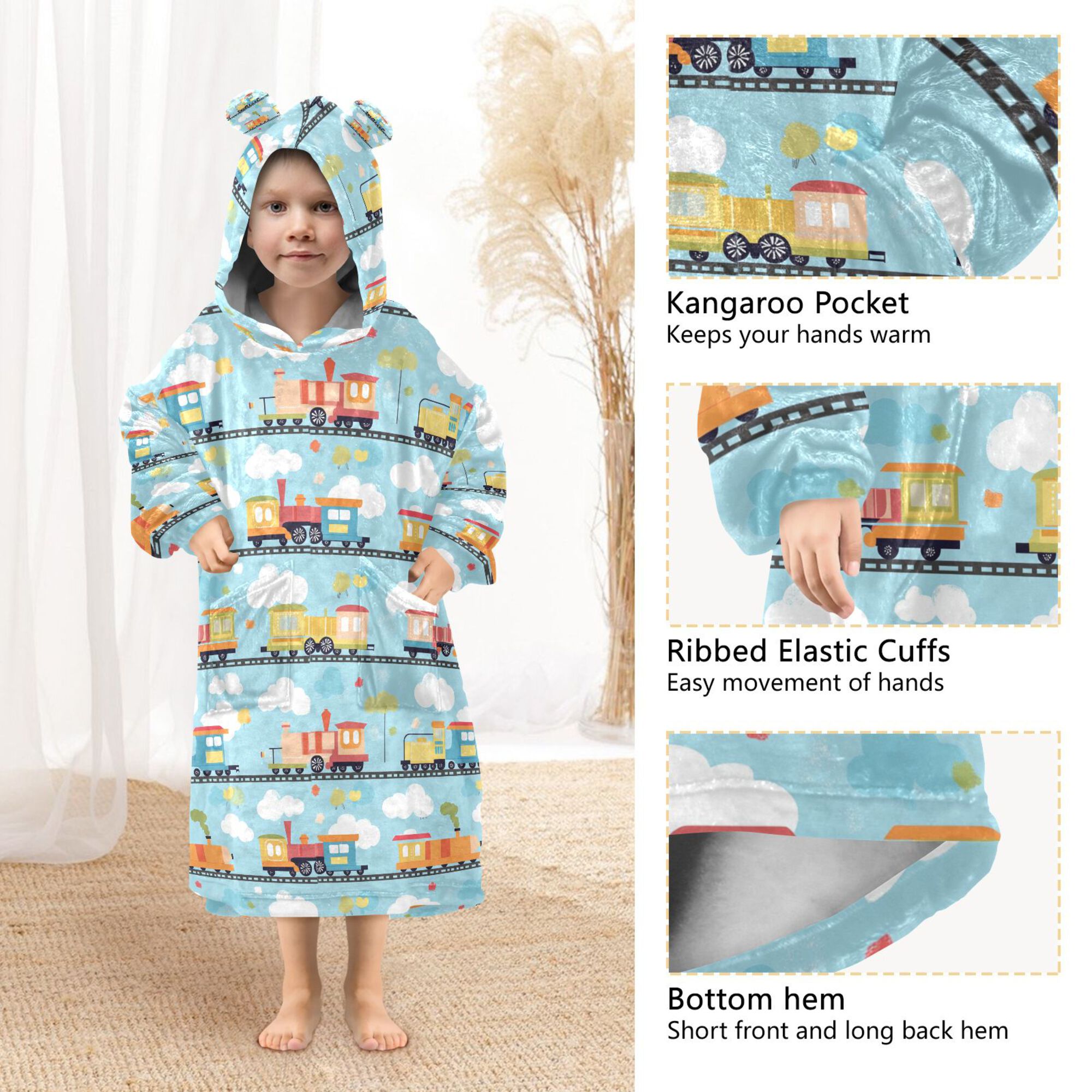 FORMRS Wearable Blanket Hoodie with Sleeves for Kids Cozy Flannel Sweatshirt, Cartoon Train Pattern