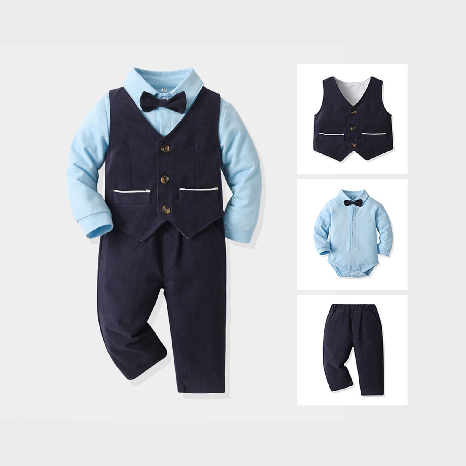 Infant Dress Suit Bowtie Dress Shirt Vest Baby Boy Baptism Outfit Clothes For 1 Year Old Boy 3-6 Months