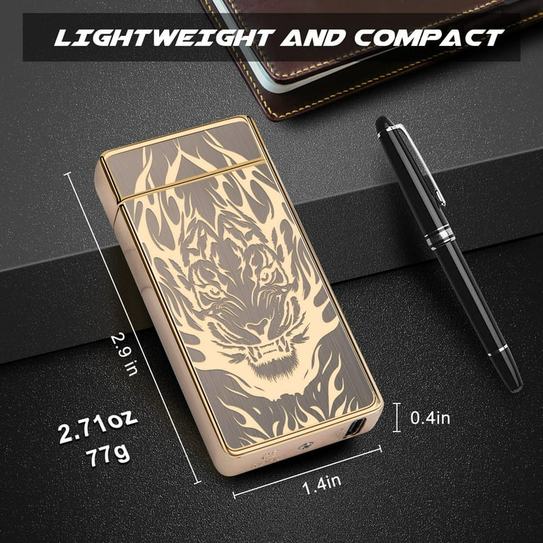 LcFun Plasma Lighter Rechargeable Windproof Lighter USB C Electric Lighter  Flameless Cigar Lighters Dual Arc Lighters for Smokers (Gold Tiger) 