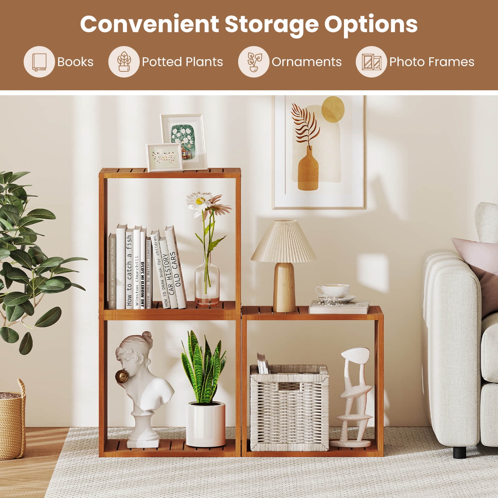 Costway 2 PCS 3 Cube Storage Organizers Stackable Bookcase Shelves for Small Spaces Teak