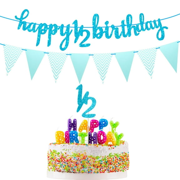 PEOVLVN Half Birthday Decorations - 1/2 KKS1 Birthday Banner, Cake Topper, Triangle Flag Banner for 6 Months Baby Shower (Blue)