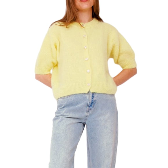 Gupgi Women Knitted Crop Cardigan Solid Color Sweater Short Sleeve Button Down Ribbed Knit Outwear