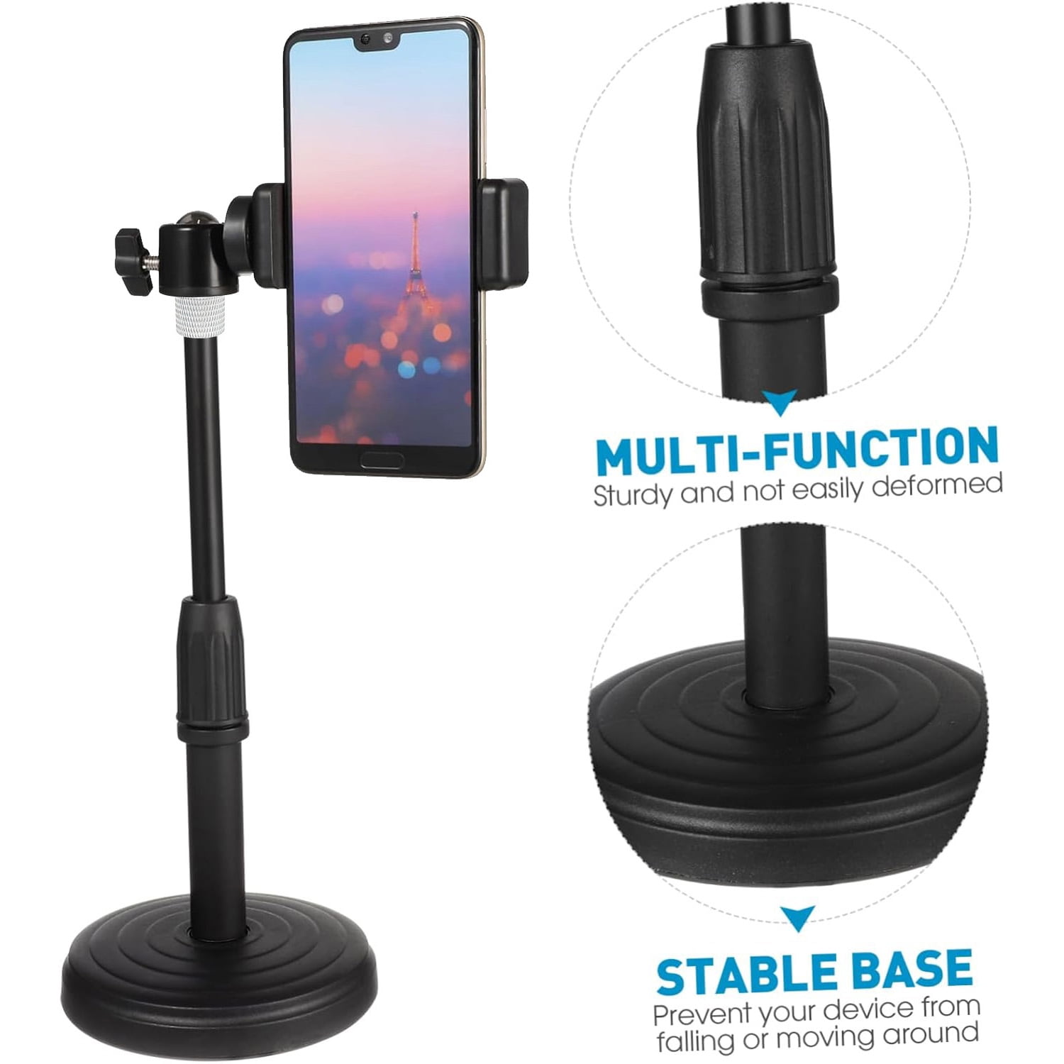 Adjustable Phone Stand for Desk, Height & Angle Adjustable Cell Phone Holder with Heavy Base, 360° Rotating Desktop Stand for Video Recording, FaceTime, TikTok, Zoom, Compatible with iPhone & Android