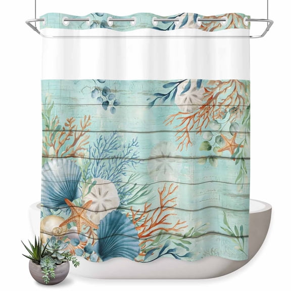 No Hook Shower Curtain, Teal Beach Coastal Shower Curtains for Bathroom with See Through Top Window, Summer Nautical Coral Shell Botanical Vintage Waterproof & Washable Bath Curtain Standard 72"x72"