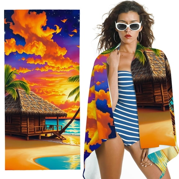 RKSupls Tropical Beach Sunset Hut Microfiber Beach Towel, Extra Large Quick Dry Lightweight Towel for Travel Swimming Camping, Soft Super Absorbent- 30x60 in
