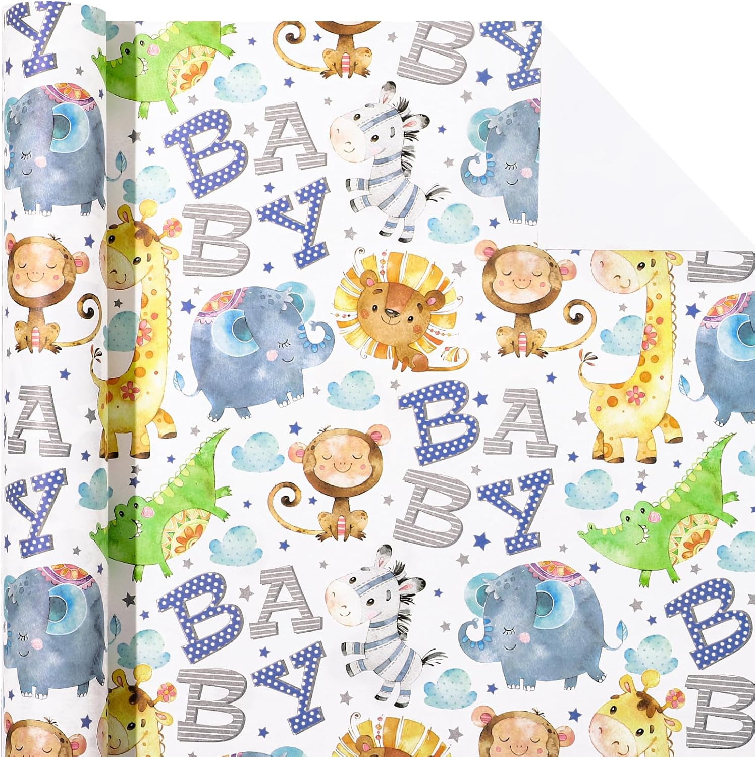 Kraft Baby Shower Wrapping Paper Roll - Mini Roll - 17 Inch x 16.5 Feet - Cute Animal Wrapping Paper for Baby Shower, Kids Girls Birthday Birthday
