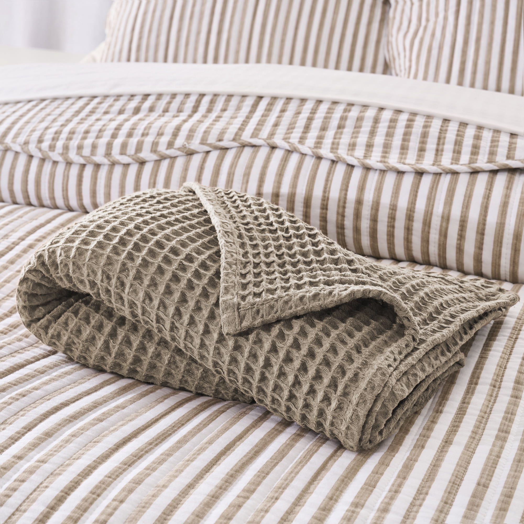 Levtex Home Martha Stripe Taupe Reversible Twin XL / Twin Quilt Set (68x86in) with 1 Pillow Sham (26x20in) - Stripe Bedding - Taupe, White - Cotton Twin Size Quilt Bedding Set - Scalloped Edge