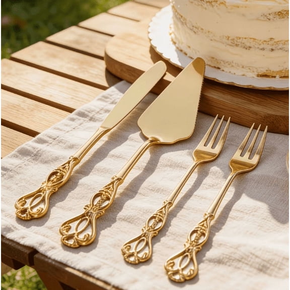 KAYA Vintage Royal Embossed Gold Stainless Steel Dessert Forks Set of 2, Mirror Polished Mini Cake Fruit Forks, Luxury Retro Small Cutlery Utensils for Afternoon Tea, Party & Dessert Serving