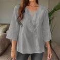 thumbnail image 2 of Summer Akafmk 3/4 Sleeve Shirts for Women,Summer Womens Cotton Linen Top,Solid Color Lace Loose V-neck Shirt Top, 2 of 5