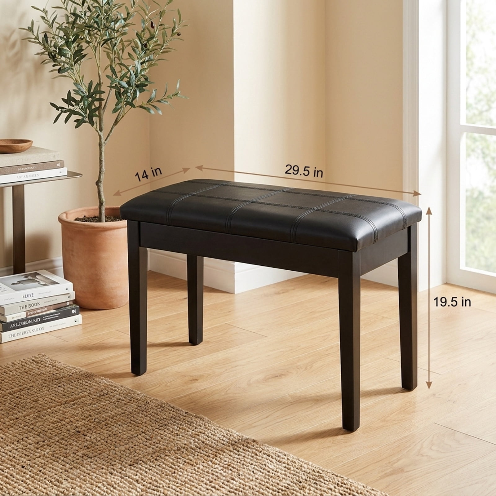 Furnibear Solid Wood Duet Piano Bench with PU Leather Padded Seat and Under Seat Storage for Two Players Keyboard Music Studio Home, Black