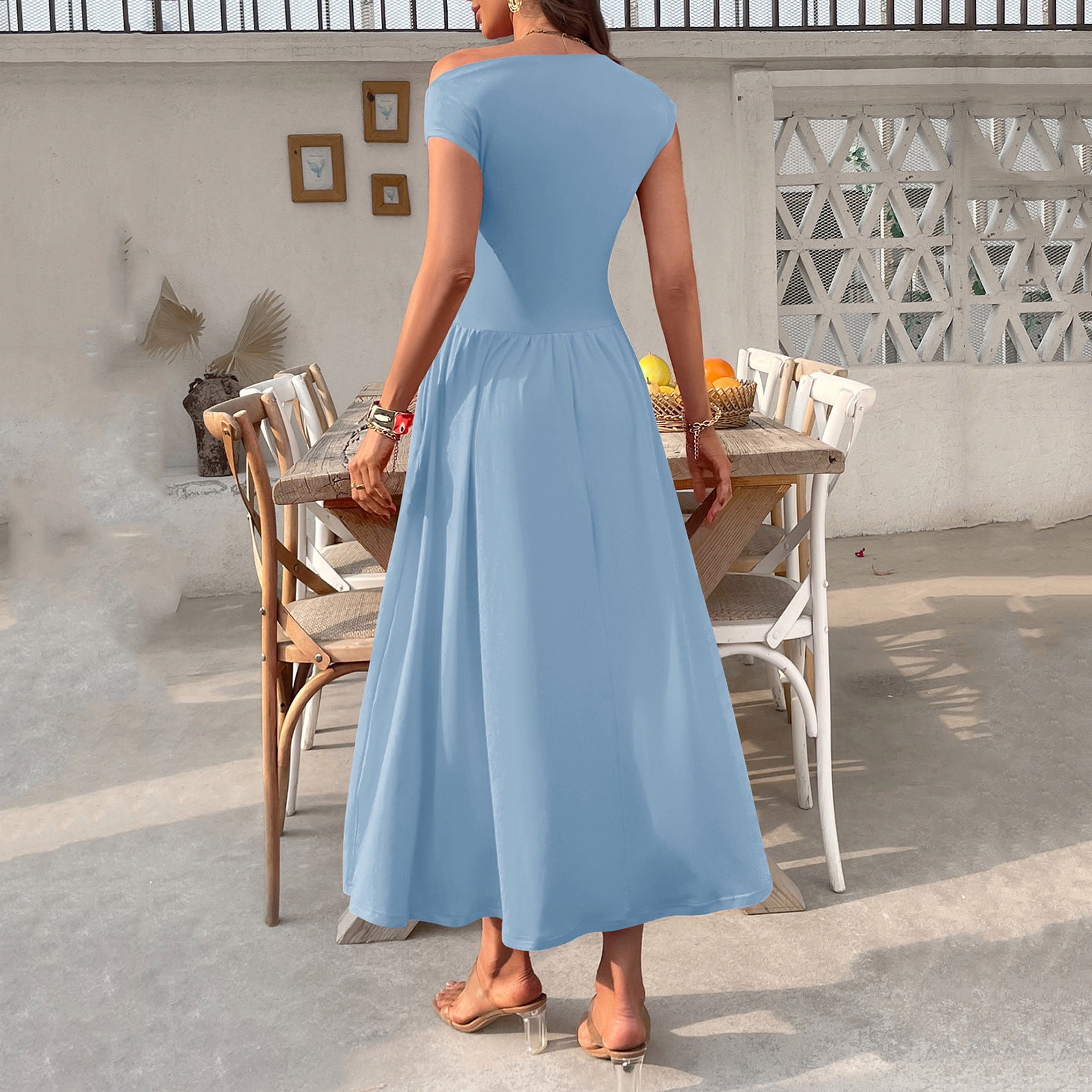 SMihono Women's Fashion Collared Summer Long Dresses Pleated Flowing Hem Loose Maxi Dress Elegant Beach Clothes Sky Blue M