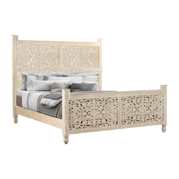 Taran Designs Monte Floral Carved Solid Wood King Panel Bed in White