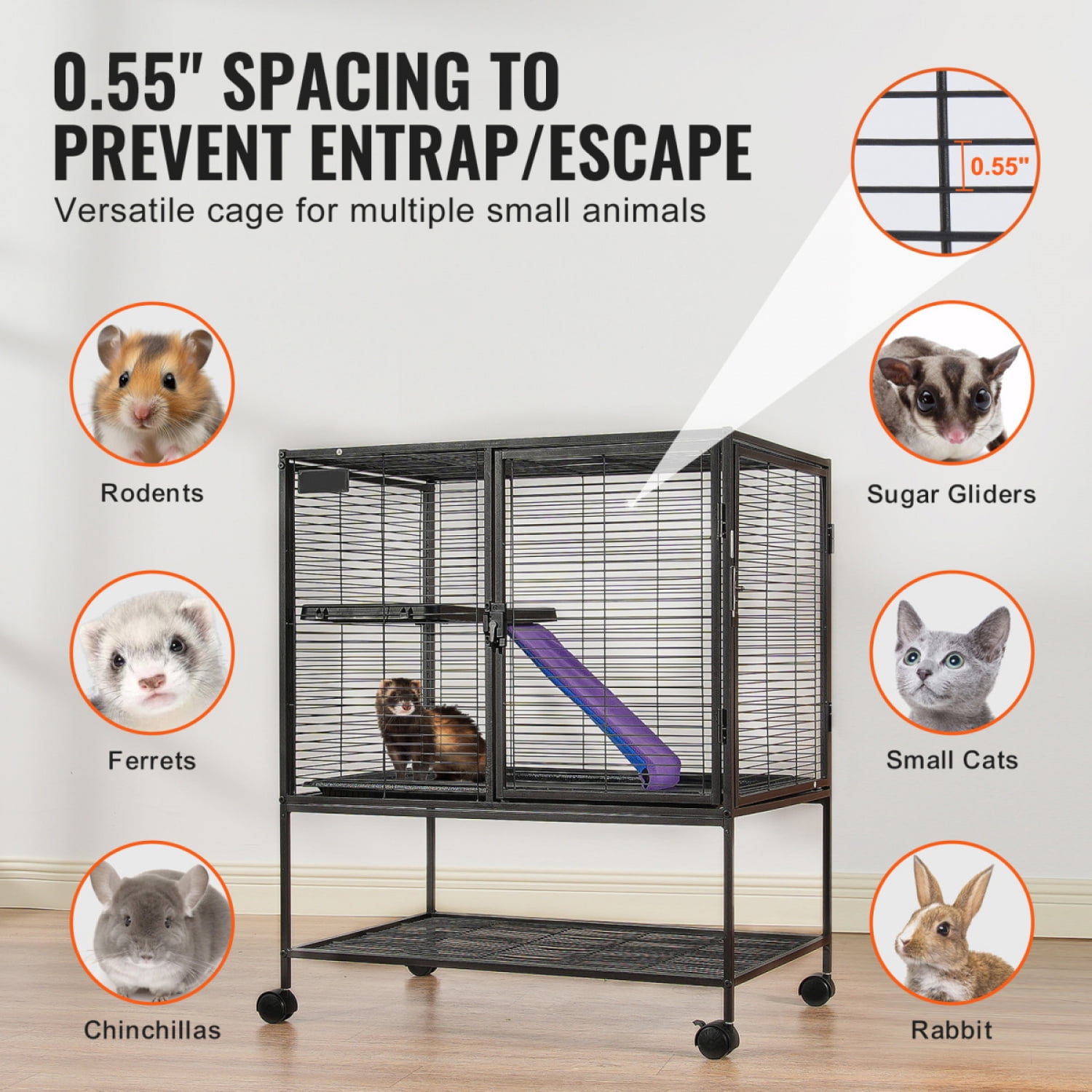 36Inch Black Iron 2Tier Rolling Ferret Cage Metal Small Animal Cage with Tray Ramp for Ferret Chinchilla Guinea Pig