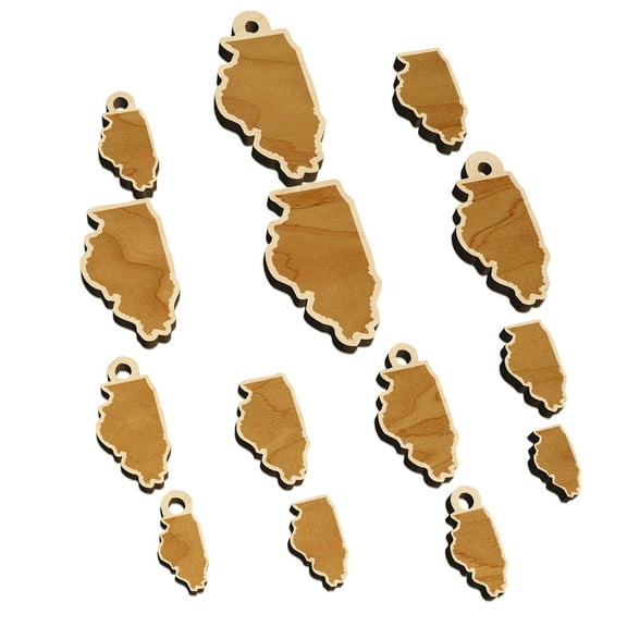 Illinois State Silhouette Wood Mini Charms Shapes DIY Craft Jewelry - With Hole - Various Sizes (16pcs)