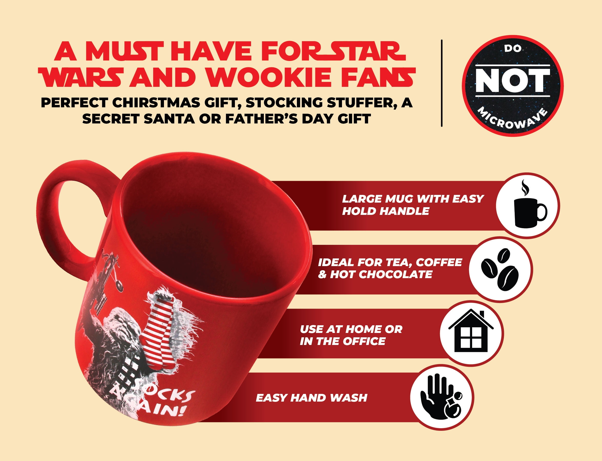 Ceramic Tea Mug Star Wars Chewbacca Coffee Red "Socks Again"-20oz 