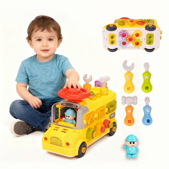 SaveJoy Baby Learning Toy Bus,Assemble Busy Toys Construction Building Vehicle,Engineering Truck Educational Gift for Kids Age 3+