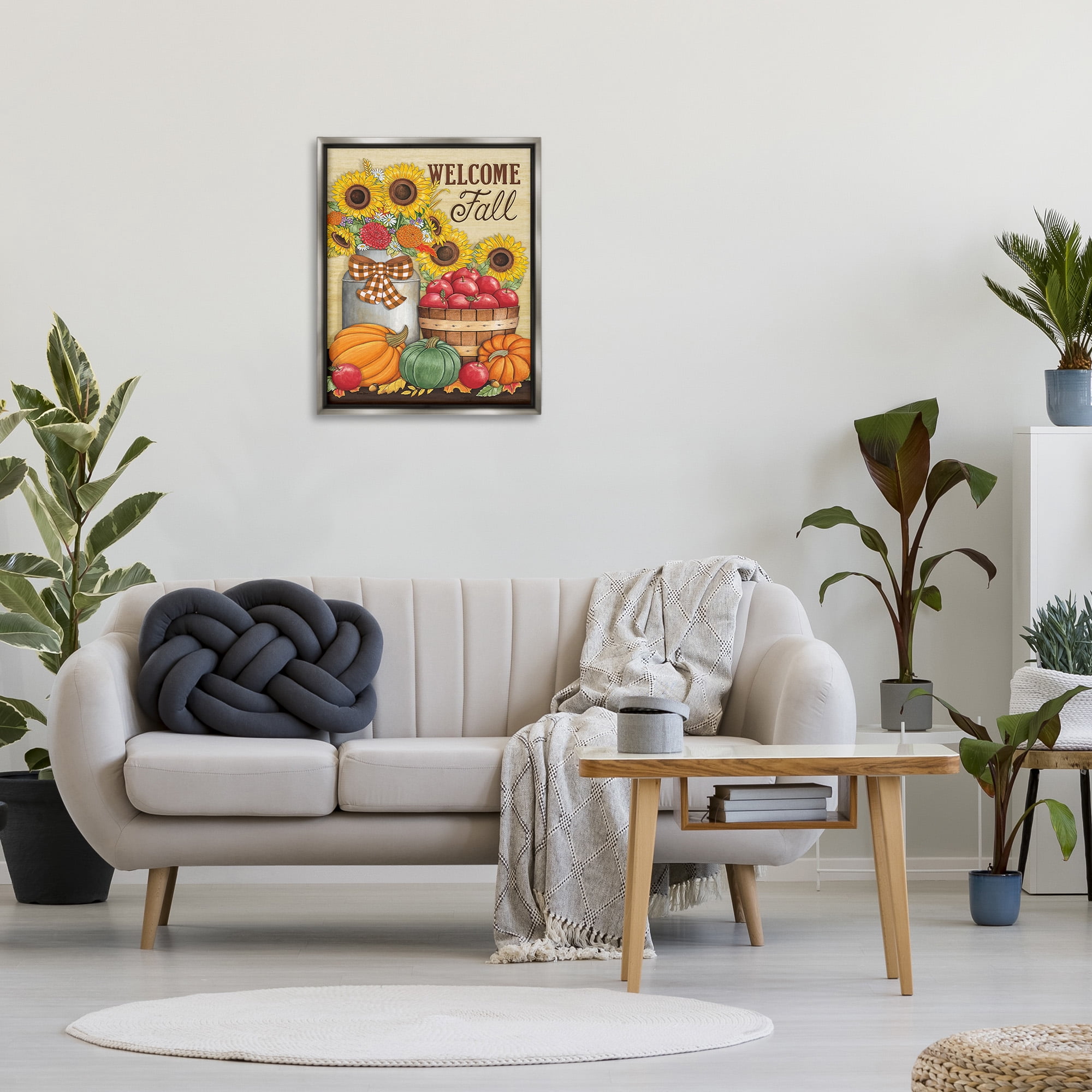 Stupell Industries Fall Harvest Welcome Phrase Botanical & Floral Painting Gray Floater Framed Canvas Art Print Wall Art, 25 x 31