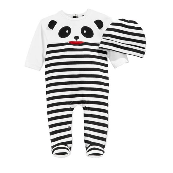 First Impressions Infant Boy 2 PC Velour Panda Jumpsuit Sleeper Hat Outfit 0-3m