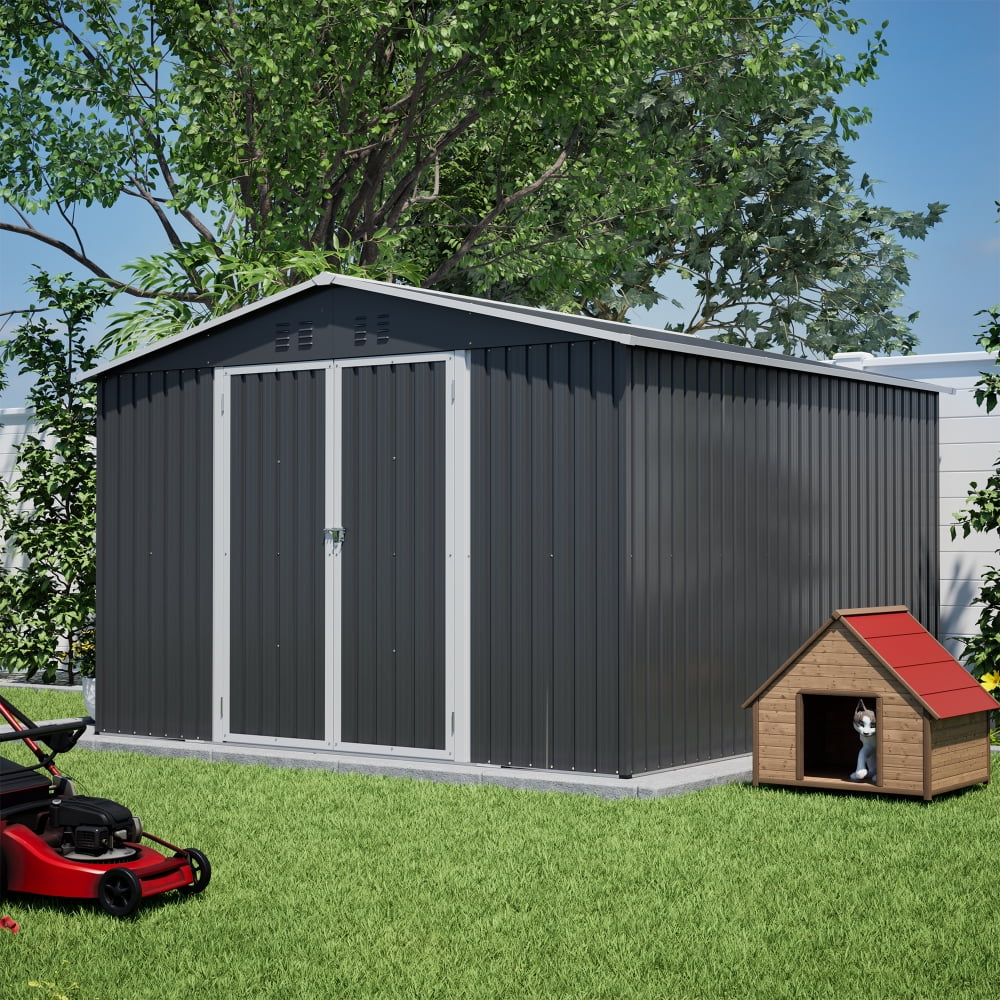 10x10 FT Heavy Duty Metal Shed, Large Outdoor Storage with Double Locking Doors, Updated All-Weather Black Utility Shed for Garden Tools