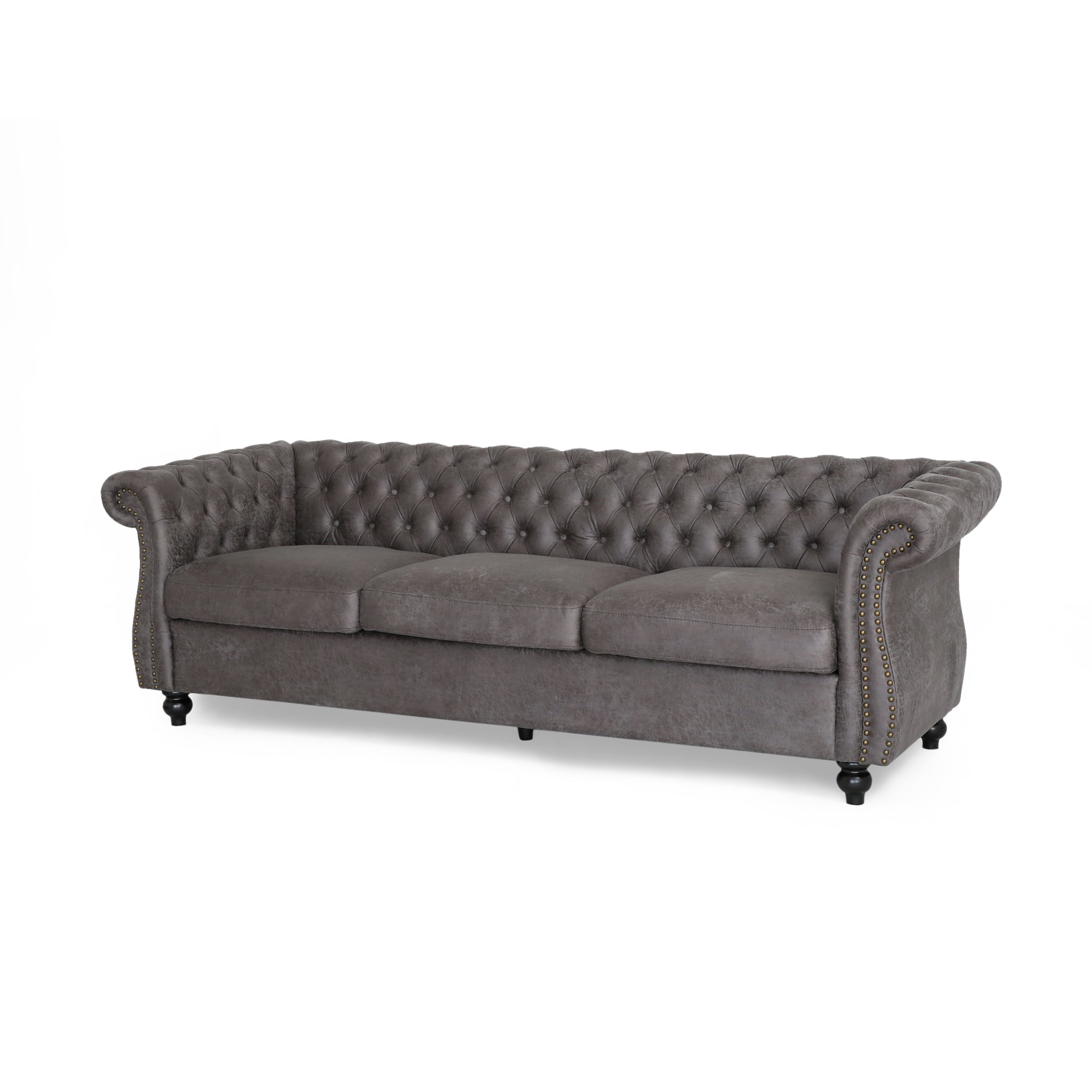 Noble House Aaniya Tufted Microfiber Sofa, Slate, Dark Brown