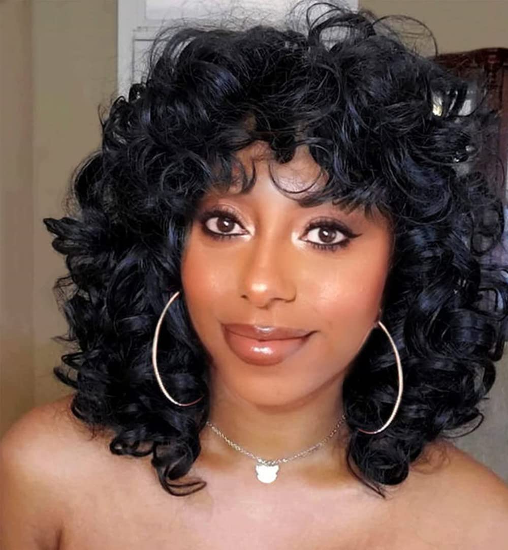 Annisoul Curly Wigs For Black Women With Bangs Synthetic 14inch Kinky Curly Hair