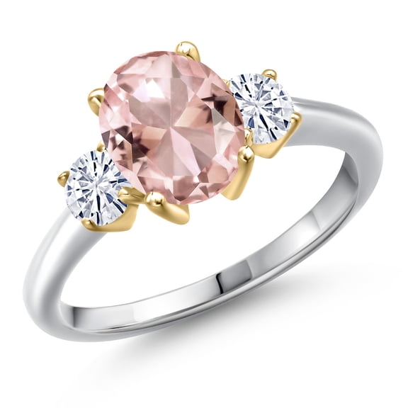 Gem Stone King 10K Two Tone Gold Peach Nano Morganite and White Moissanite Engagement Ring for Women | 2.46 Cttw | Oval 9X7MM | Gemstone October Birthstone | Size 5