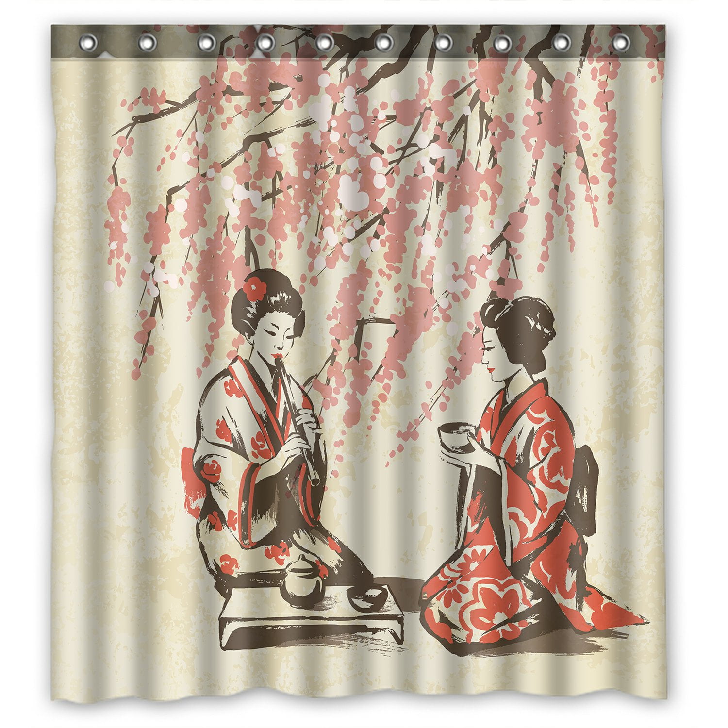 PHFZK Asian Shower Curtain, Japanese Lady Wearing Kimono with Cherry